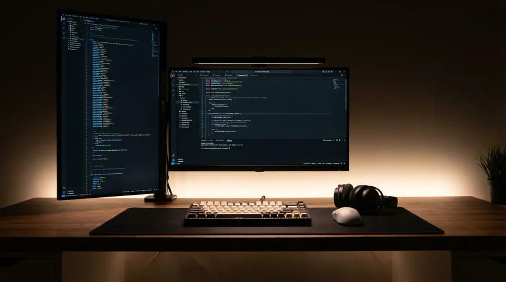 A desk setup with monitors, keyboard, and headphones